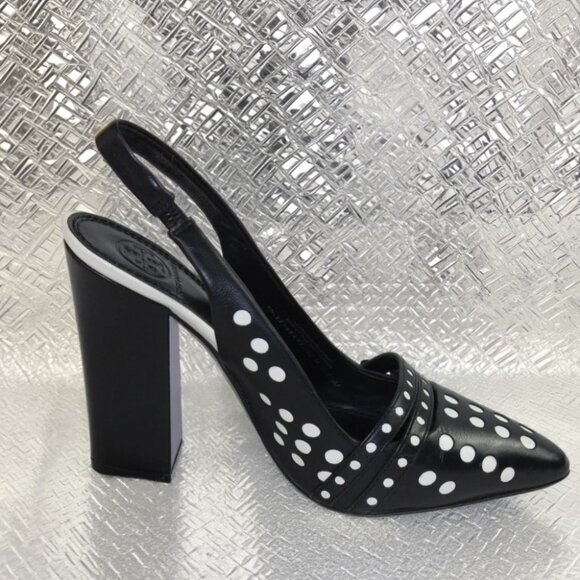 Tory Burch Kay Black Ivory Polka Dot Leather Sling Back Heels, Size 6.5 - Picture 1 of 9